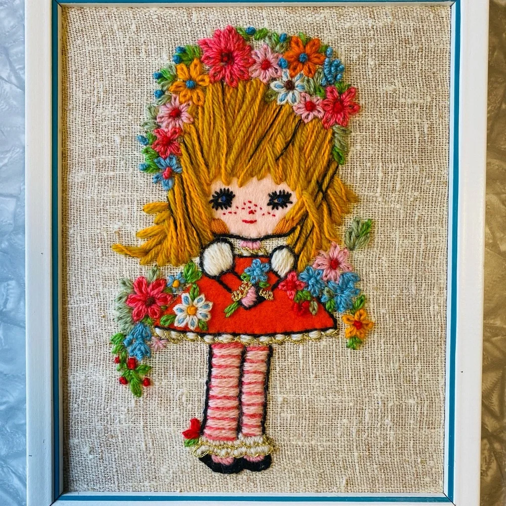 RARE - Vintage Bucilla Completed Needlecraft Kit- Flower Children Stitchery set - Picture 4 of 11